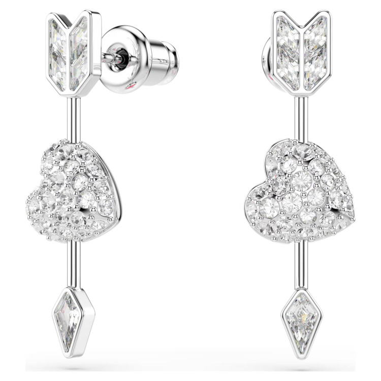 Idyllia drop earrings Mixed cuts, Heart with arrow, White, Rhodium plated